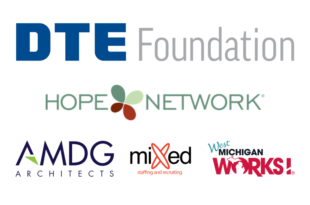 Sponsor logos for DTE Foundation, Hope Network. AMDG Architects, Mixed Staffing & Recruiting, and West Michigan Works!