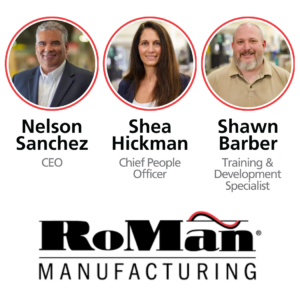 Headshot photos of three people above the logo for RoMan Manufacturing.